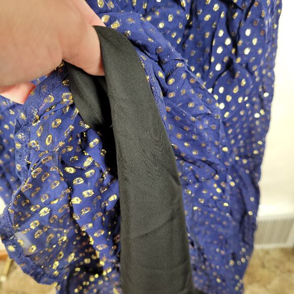 Delfi Collective Cerise navy blue metallic gold polka dot silk dress medium - Picture 13 of 15